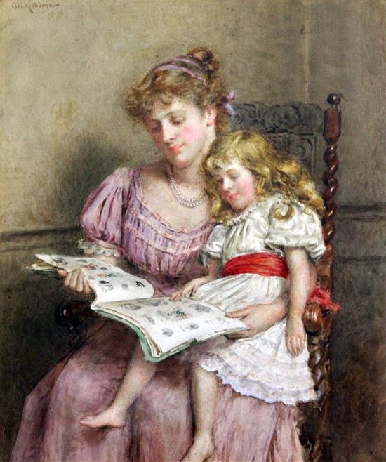 George Goodwin Kilburne (1839-1924) Mother and child reading a story book, 12 x 10.5in.